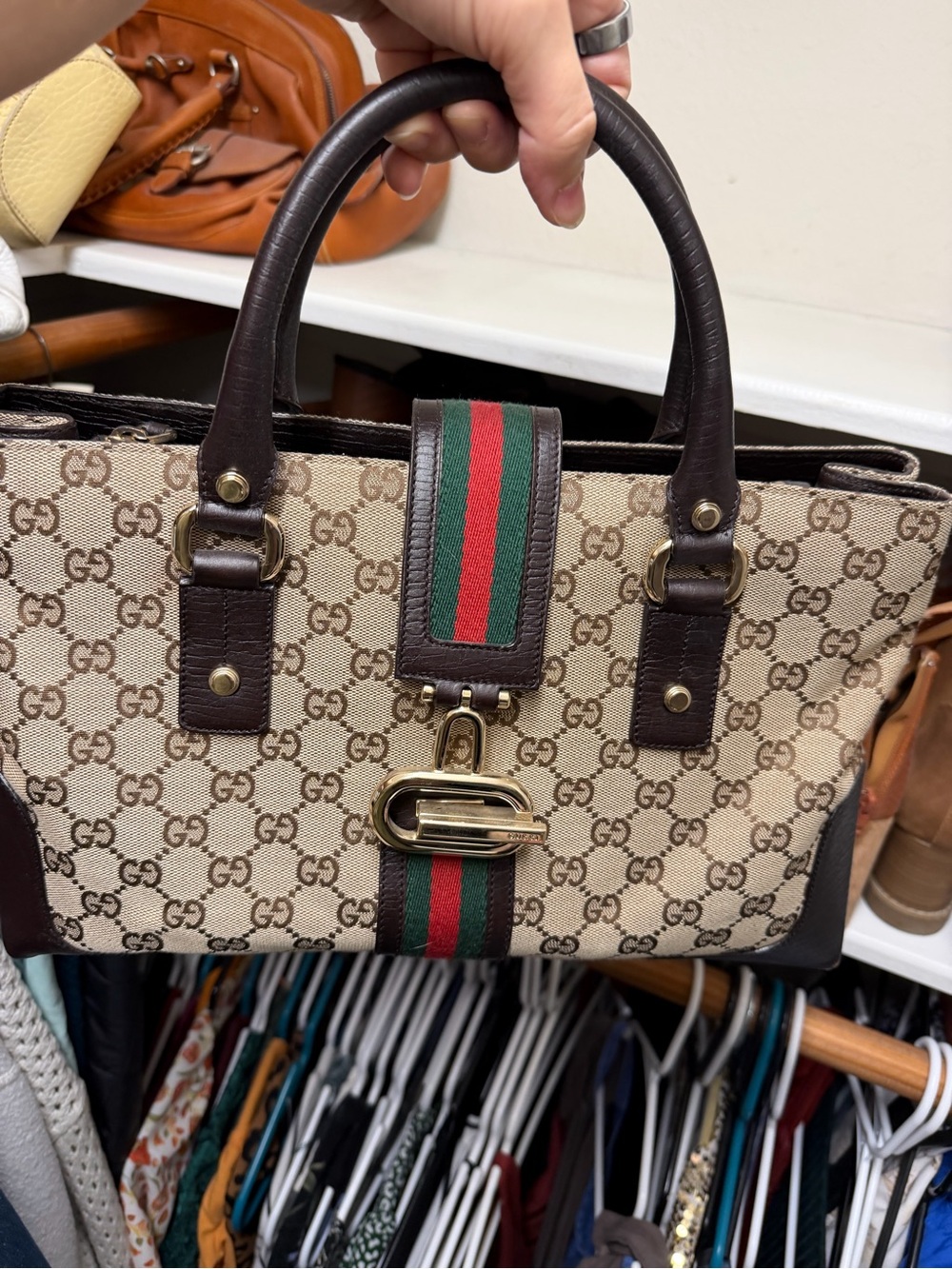 Gucci Beige Monogram Satchel with Dark Brown Trim and Green-Red Web